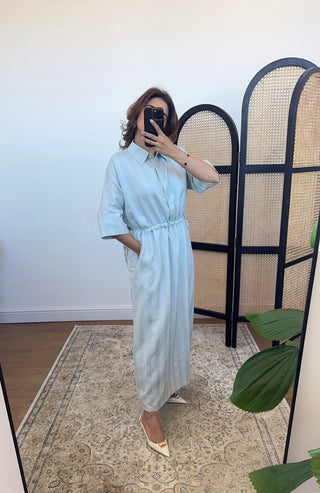 Powder blue stripe collar dress- iris - Fash Focused