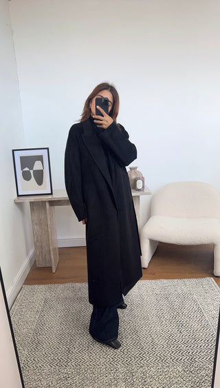 black handmade wool belted coat- marli - Fash Focused