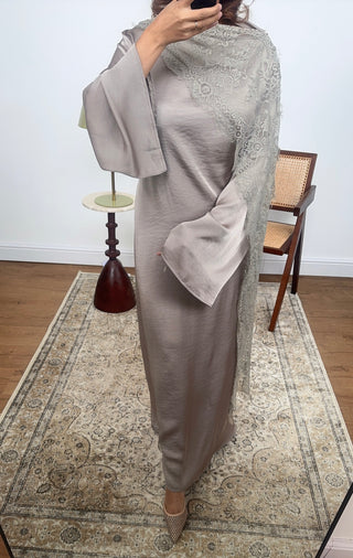 Taupe satin dress with lace scarf - malika - Fash Focused