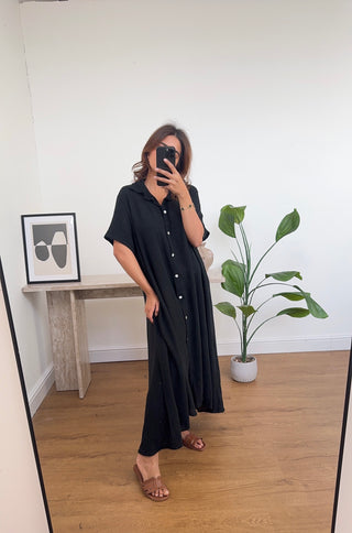 black linen mix shirt dress- ramona