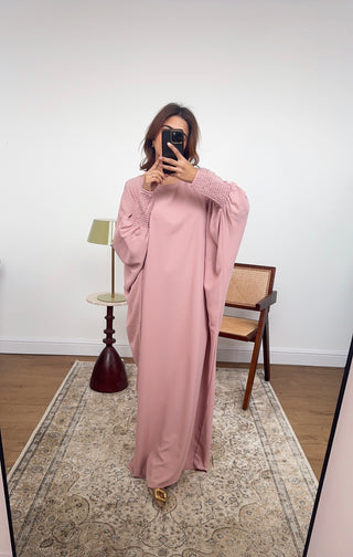 Pink basic abaya with elasticated sleeve- Dina - Fash Focused