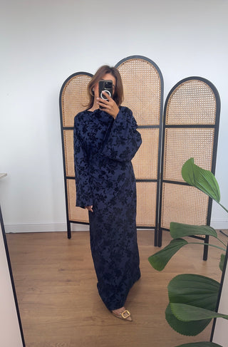 Navy fishtail velvet detail dress- laya