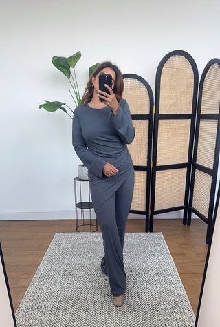 Grey ruched slanted Coord- taya - Fash Focused