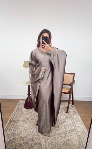 Taupe butterfly lace detail kaftan- vela - Fash Focused