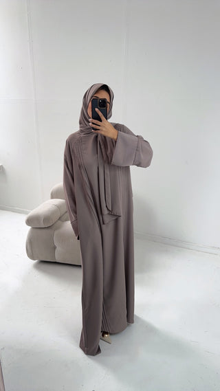 Taupe pleated abaya with scarf attached- hana - Fash Focused