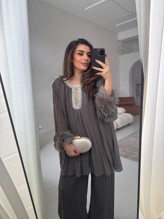 Grey pearl muse set with feather sleeves- jumana - Fash Focused