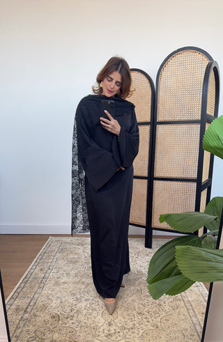 Black satin dress with lace scarf - malika - Fash Focused