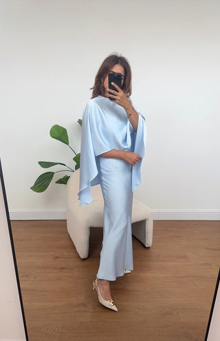 powder blue two piece dress and cape set - delilah - Fash Focused