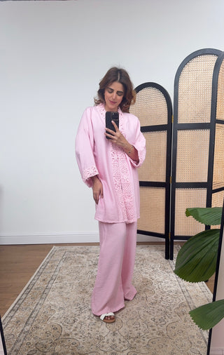 Pink crochet kimono coord - abia - Fash Focused