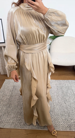 beige high neck long dress- aurelia - Fash Focused