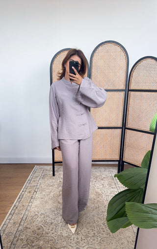 Taupe pearl button and wide trouser set- vana
