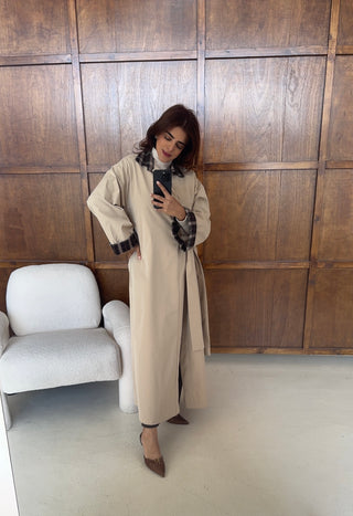 Beige check trench coat- elara