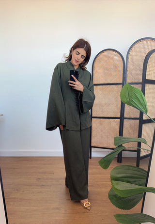 Olive pearl button and wide trouser set