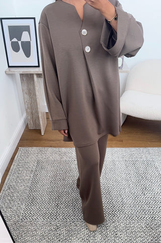 taupe coord with gold buttons- julia - Fash Focused