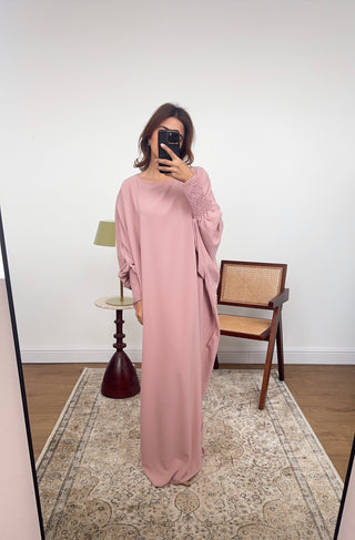 Pink basic abaya with elasticated sleeve- Dina - Fash Focused