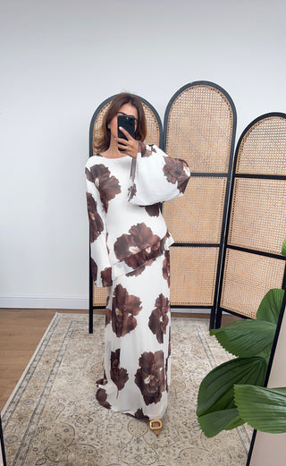 Brown chiffon printed maxi dress- bria
