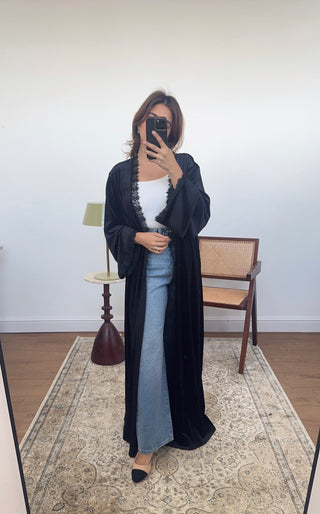 Black velvet lace abaya- hala - Fash Focused