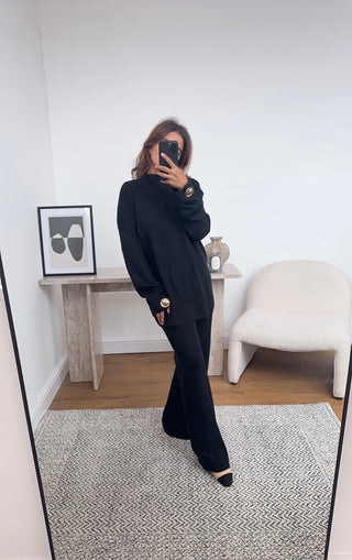 Black knit coord with gold button- kai - Fash Focused