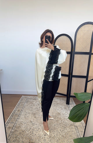 Ivory/ black scarf top with lace detail- lana - Fash Focused