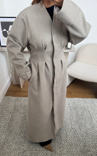 Taupe Structured coat with a belt- sica - Fash Focused
