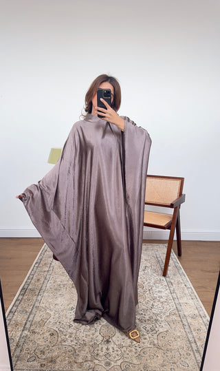 taupe high neck dress with neck scarf detail- huma