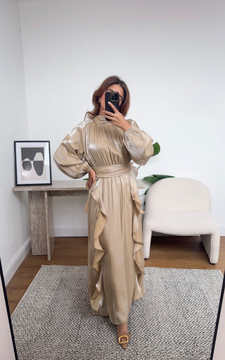 beige high neck long dress- aurelia - Fash Focused
