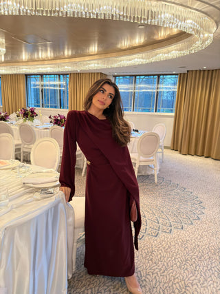 Wine dress with drape scarf- zaria - Fash Focused