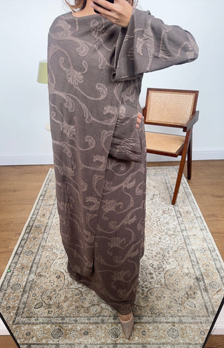 Taupe drape scarf printed dress- lana - Fash Focused