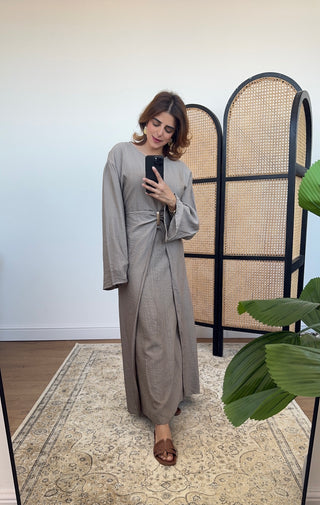 Taupe flowing buckle detail dress- saia - Fash Focused