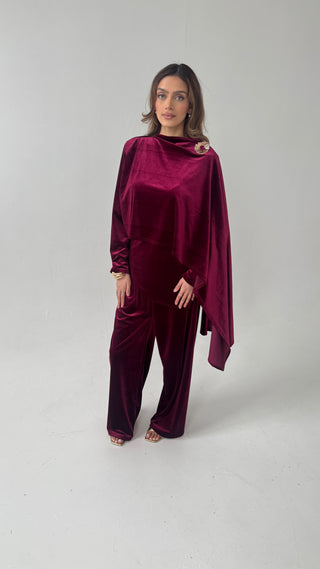 Burgandy velvet scarf coord with gold brooch- nura - Fash Focused