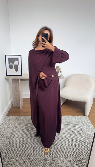 Plum dress with drape scarf- zaria - Fash Focused