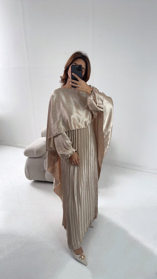 champagne pleated cape dress -mula - Fash Focused