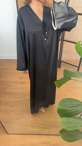Black satin check long sleeve dress