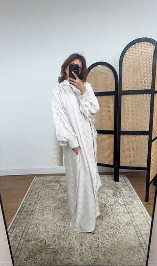 Ivory checked dress with neck scarf- sundus - Fash Focused