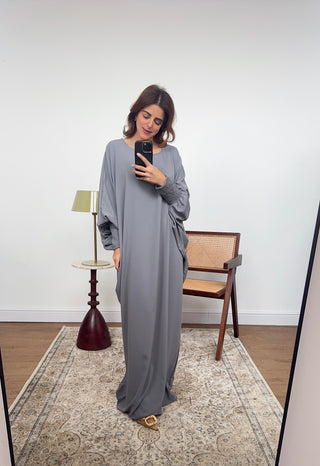 Grey basic abaya with elasticated sleeve- Dina - Fash Focused