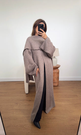 Aleah cardigan with scarf in taupe NO RETURN - Fash Focused