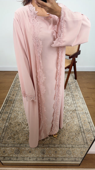 Pink lace detail kimono two piece - aliyah - Fash Focused
