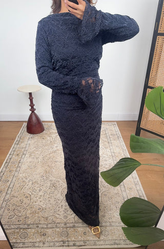 Navy fully lined lace ruched dress- alana - Fash Focused