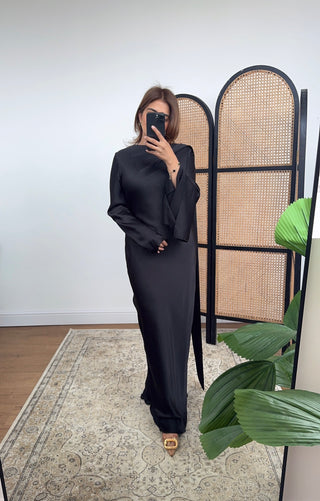 Black scarf detail fishtail dress- Regina - Fash Focused