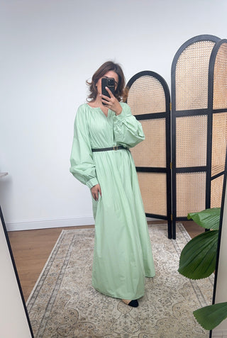 Pistachio Long sleeve cotton pleated dress- nira - Fash Focused