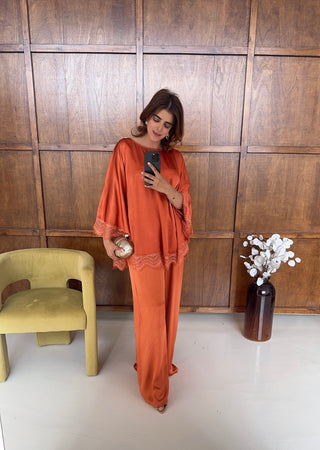 burnt orange silk blend lace trim coord set-suela