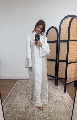 White embellished dress with a belt - zahra - Fash Focused