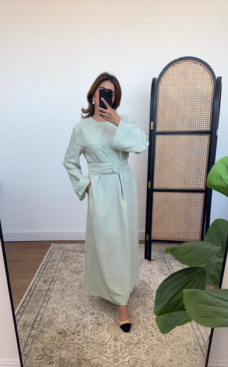 Sage linen mix dress with belt- naria - Fash Focused