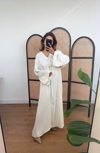 Ivory satin check long sleeve dress