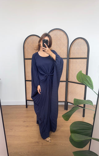 Navy Pleated dress with a belt - aria(upto plus)