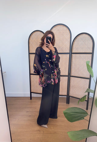 Black floral chiffon silk coord- Nina