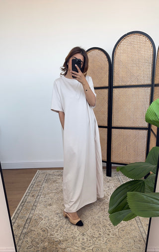 Cream T shirt dress with pockets - eva - Fash Focused