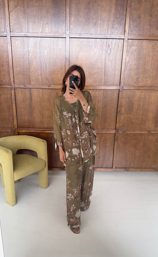 Olive floral chiffon silk coord- Neva