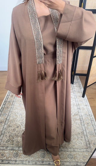 Brown two piece abaya with embellished details- deema - Fash Focused