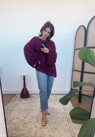 Wine lace assymetric top- Lana